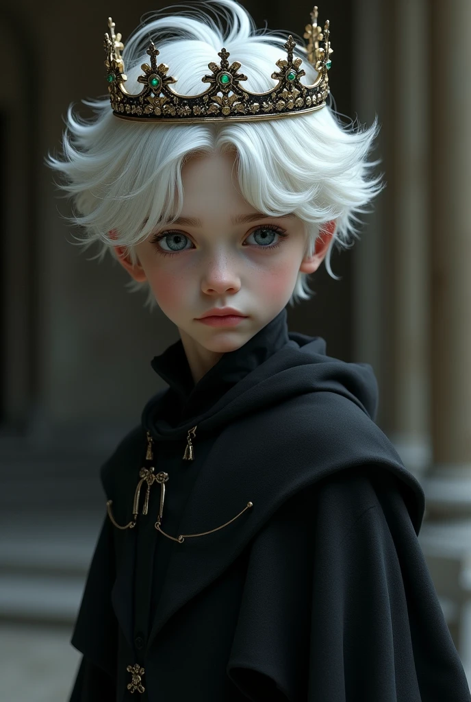 Create a realistic illustration of a boy with Targaryen and Baratheon blood. You have to have white hair with black highlights