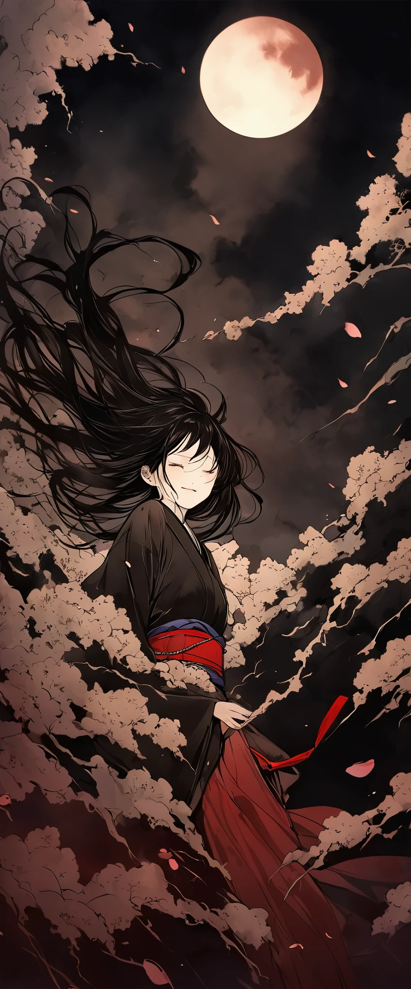 close your eyes。Long black hair blowing in the wind.。amount。spooky。smile。Pure white skin。alone。Half of my body is covered in mist。A woman is floating。The sound of bells。darkness。fear。spookyな雰囲気。Japan。Tattered black kimono。night。Red Belt。Black silk kimono。。cherry blossoms。full moon。Red Sky。cherry blossomsの花。Horror,Chiaroscuro,Angle from below。