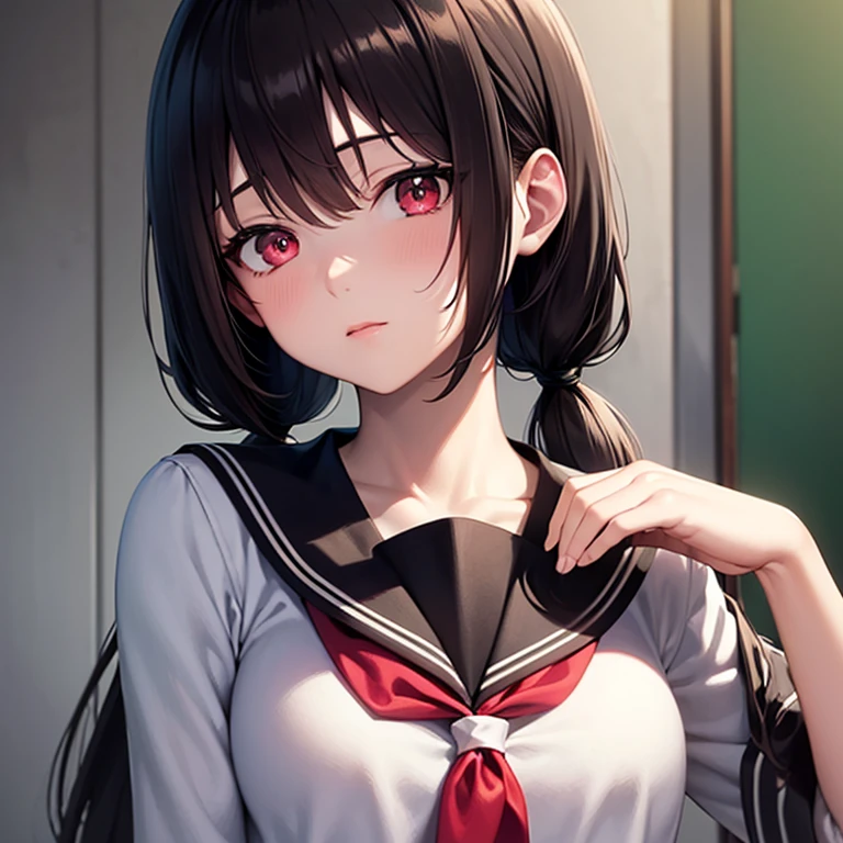 (best quality, masterpiece, ultra detailed, anime, high resolution), anatomically correct, anime, 1girl, very long low twintails, red ribbon, black hair, serafuku, black sailor collar, white blouse, pink neckerchief,  dark brown eye, school, from front