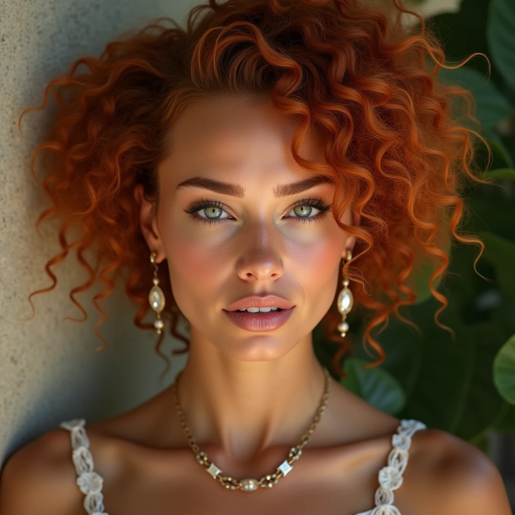 (best quality,4k,highres, highres face details), red long curly hair, 18 years old, instagram model, 36DD breast, fake lashes, fake lips, dark makeup, perfect skin, tan skin, she is skinny, she is caucasian, golden hour, huge breast 36DD, posing, sexy, sensual vibes, whole body image, from head to toes