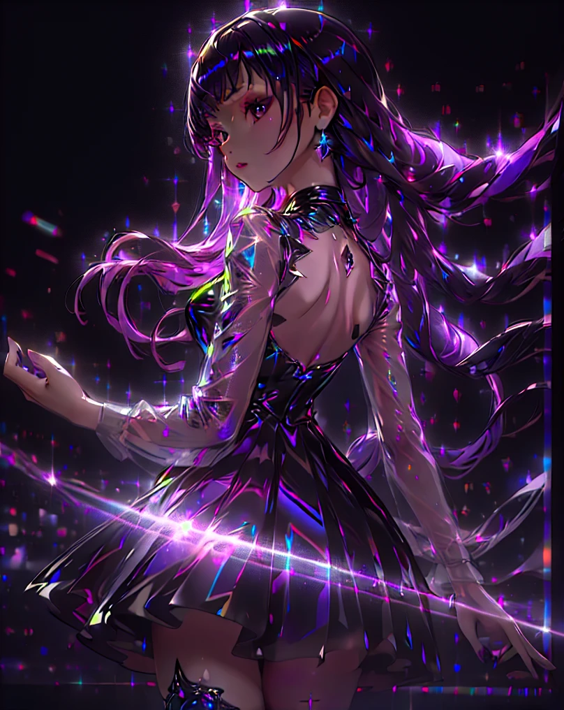 (((masterpiece))), (((best quality))), absurdres, ((ultradetailed)),1girl, solo, long purple hair, black transparent holographic dress, elegant mini-dress, (black background), light particles, night, black night, looking back, (((cowboy shot))), sharp image