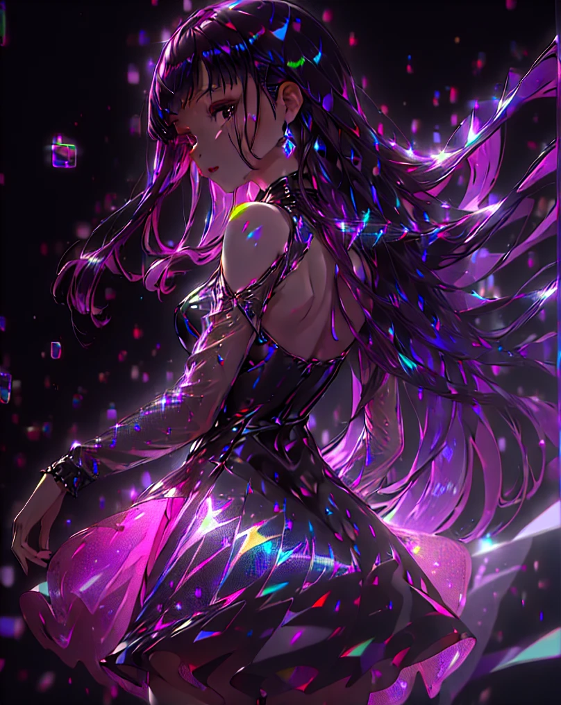 (((masterpiece))), (((best quality))), absurdres, ((ultradetailed)),1girl, solo, long purple hair, black transparent holographic dress, elegant mini-dress, (black background), light particles, night, black night, looking back, (((cowboy shot))), sharp image