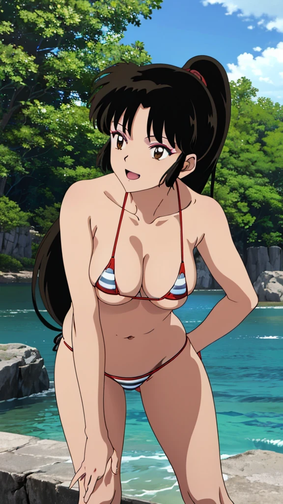 (masterpiece, 4K, Highest quality, anime style: 1.9, Detailed face, cute, Ocean,bold, High resolution, anime, Lake 4. alone, Curvaceous, Very slim belly, Cowboy Shot, 1 girl,,(Blue striped micro bikini),,smile,Please open your mouth wide,View your viewers,Big Breasts,Naked in a swimsuit,Inuyasha - Sango,Black Hair,Brown eyes,Accurate limbs,ponytail,(Leaning forward),Detailed hand and fingers