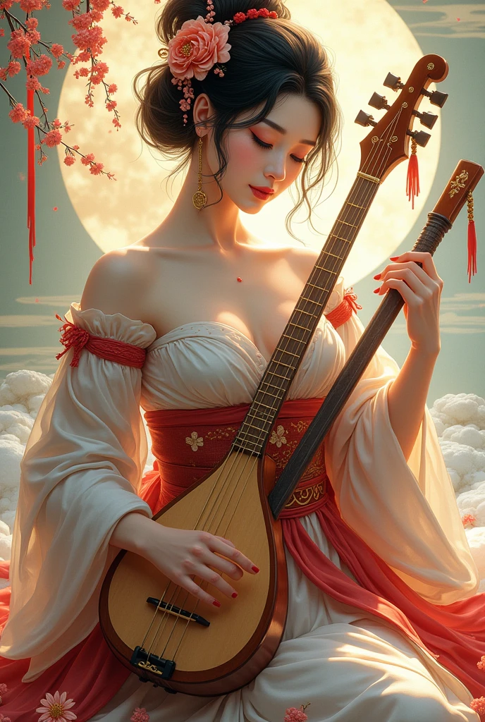 Highest quality, masterpiece, Ultra-high resolution, (Realistic photos:1.4), Surrealism, Beautiful Goddess,Beauty,Fusion Art, The goddess comes, Japanese Gods, Beautiful Saraswati, Controlling the White Snake, Large Breasts, Muscular, Full Moon Sea, SakuraFubuki, Shrine torii gate,