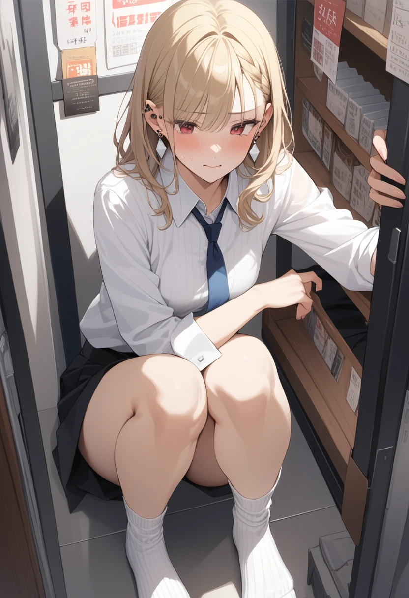 NSFW. (masterpiece, Highest quality, でery aesthetic, Super detailed), Intricate details, Kitagawa Marine, sono bisque doll wa koi wo suru, Blonde, Red eyes, ear piercing, Barbell Piercing, Black choker, Collared shirt, White shirt, Earrings, Blue tie, looking at でiewer, Browsing Caution, high school girl.日本のhigh school girl。White ribbed wrinkled ankle socks。Embarrassed and crying。Slave sales.I am a slave, please use me as you wish..With price tag.