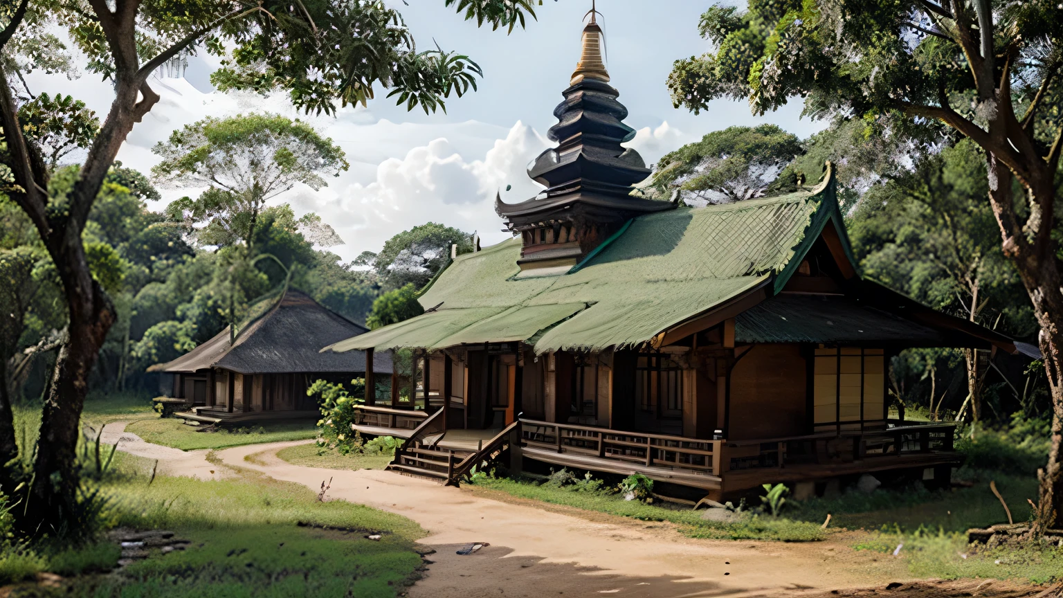 An entrance gate to Dukuhdempok village, made of stone and wood with Javanese carvings, surrounded by green fields and trees. A sign reads 'Selamat Datang di Desa Dukuhdempok.