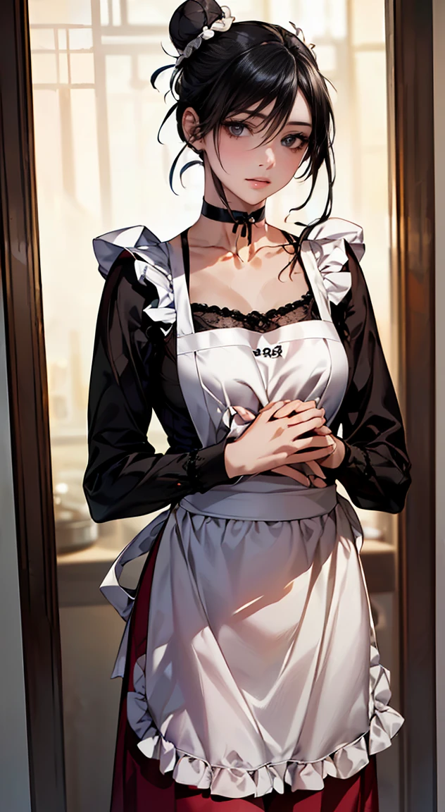Woman with short brown hair blue eyes firm body perfect breasts black maid uniform white apron happy face standing ,sexi,solo delantal