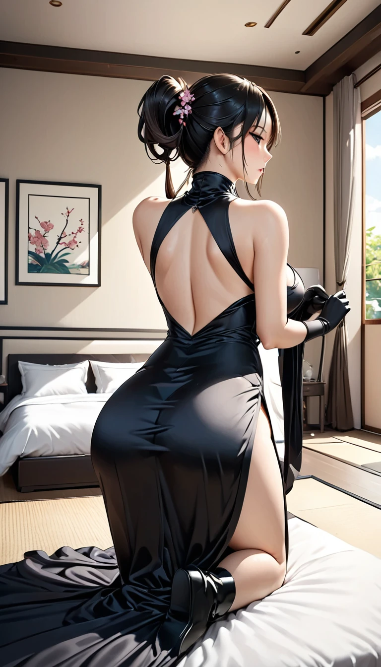 (masterpiece,Highest quality,Ultra-high resolution),Bedroom,Japanese women,Seductive expression, Beautiful ponytail,(((A very beautiful 2))),Big Breasts,((Black high-neck long dress in satin)),(Tight fit),Satin opera gloves、Knee-high boots、Satin has a very strong sheen、Show your back、She is on all fours on the bed, sticking out her buttocks.、Brushing her hair back、Big Ass、Black panties are visible、Side slits