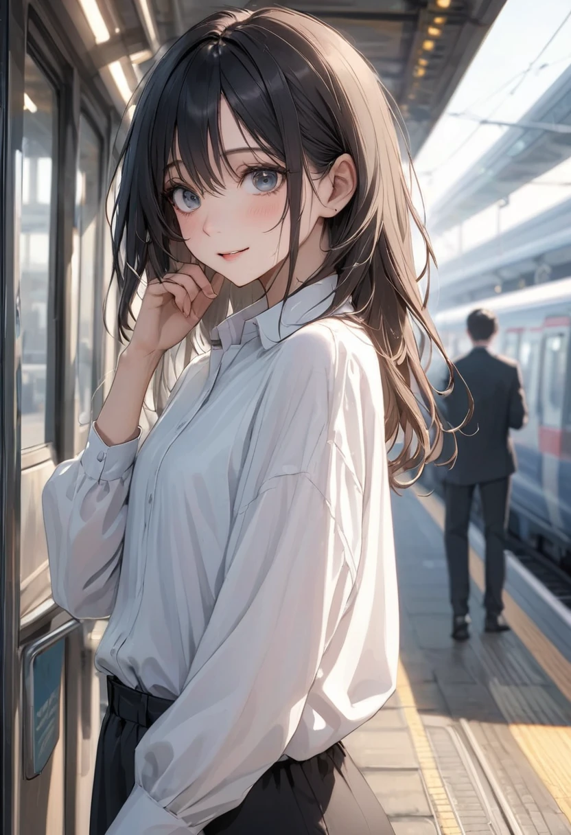 masterpiece, absurdres, best quality, extremely detailed eyes and face, natural skin texture, detailed skin, at the station, morning,  
BREAK
beautiful woman, 30-year-old, black eyes, black long hair, smile, (small breasts:1.2), (flat chest:1.2), (wide hip:1.3), (white collared shirt, long sleeves, black skinny slacks), dancing, 
BREAK
(perfect fingers, perfect hands)