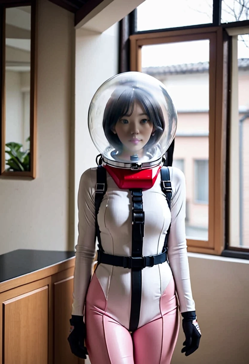  BODYSUIT, BUBBLE helmet , , indoors,ROOM, masterpiece, best quality, 1girl, solo, short hair, , ,, UPPER BODY, EVA HELM, SPACE HELMET
