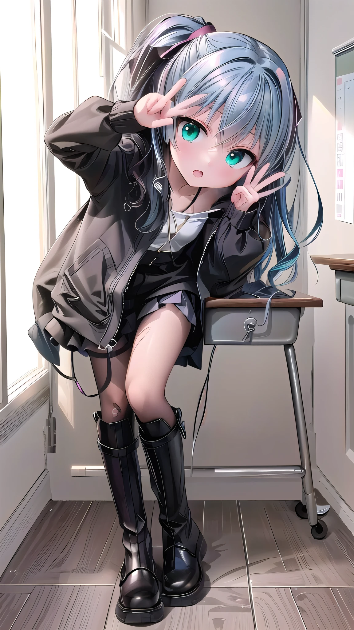 Anime Girl with black hair and green eyes making a peace sign, Goshintai, Anime Girl with teal hair, Anime style 4k, Anime cute art style, 2DAnime style, Best Anime 4K Konachan Wallpapers, Anime Characters, Anime atmosphere, an Anime Girl, Anime style, Night Core, (Anime Girl), Anime style肖像，hoodie，Black short hall scene，Black leather boots，vibrator in thighhighs，thighvibe，shy，classroom