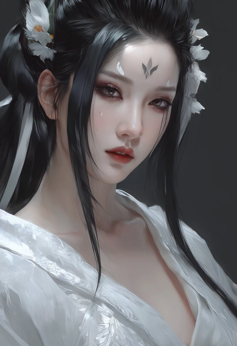 A woman with black hair and white skin,Close-up of face， artwork in the style of Gu Weiss, Gu Weiss, WLOP's style, ross tran 和 wlop, Inspired by WLOP, Eve Ventro, In wlop style, wlop 和 ross tran, Pan Chengwei on ArtStation, The best on wlop, WLOP |