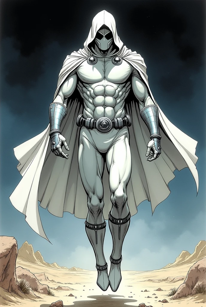 90s comics style. Moon Knight Full Body Portrait, a Marvel Comics superhero and vigilante, equipped with a sleek tactical suit that covers his entire body, combines a white and silver color scheme++. He wears a long, flowing white cloak with a hood.. The cape appears streamlined and billows behind him as he moves.; His face is hidden by a white cloth mask., leaving only bright blue-white eyes visible. This gives the character an air of mystery and intimidation.. He has an athletic and muscular build., highlighted by the tight suit, There is a silver crescent moon symbol on his chest++, displays a high level of physical skill. Parts of your outfit, like the forearms, the shins and sides, They are reinforced with silver armor-like components., Silver crescents adorn her waist++, offers protection and agility. It is represented levitating near the ground, in a night desert, view from below, Best Quality.
