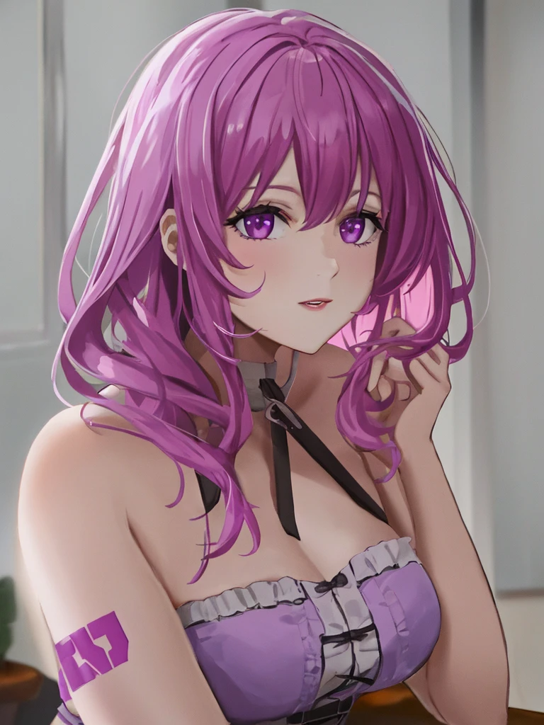 purple eyes, (The best quality, master painting:1.3), Oboro, mature female, 26yo, (half body shot:1.3), Schoolgirl, School uniform, (seductive look:1.5), purple hair, short hair, Stacked Bob Hair, (big breasts:1.2), (narrow waist:1.1), neckline, perfect body, (athletic body:1.1), soft skin, anime face, perfect face, (Perfect eyes:1.3), bright Eyes, Purple Iris, anime eyes, smoky eyeliner, eyeshadow, Asian, looking at the viewer, intelligent, Chalkboard background, Classroom, sharp focus, intricate details, Professional Illustrations, (vibrant colors:1.1), vivid colors, fuzzy lighting, digital mixing, ultra detailed body, Ultra detailed hair, Ultra detailed face, Trends on Pixiv, Top button open, shy girl, nice look, make-up, purple lipstick, perfect lips, make-up perfecto, ultra detailed painting,