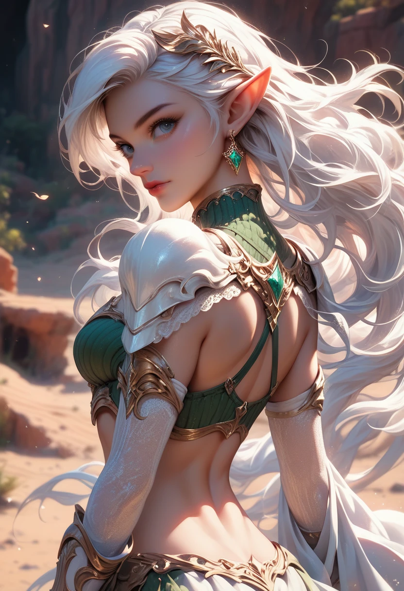 Ariel, upper body portrait, elf, white hair, beautiful, cute skimpy fantasy armor, warrior, midriff, fit, white hair, cowboy shot, rear view looking back, desert background, realistic fantasy ,concept art
