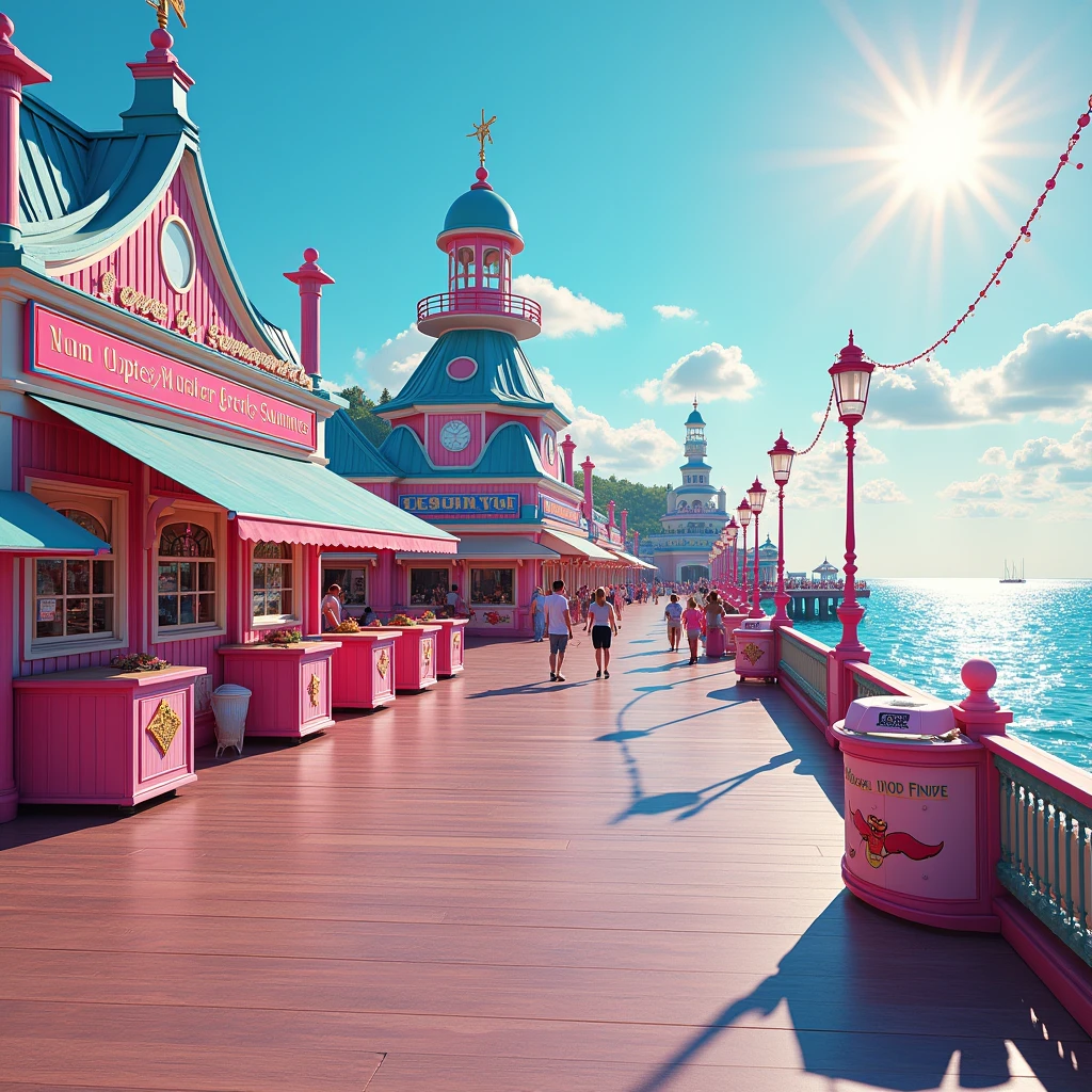 (Summer Pier), A joyful pier with unique features, Vaporwave Aesthetic, Glitch Art, Fault art. Beautiful cinematic lighting, surreal, color graded, dynamic movement, captivating chiaroscuro, full body, award-winning, cinematic still, emotional, vignette, dynamic, vivid, (masterpiece, best quality, photorealistic, Professional, perfect composition, very aesthetic, absurdres, ultra-detailed, intricate details:1.3)