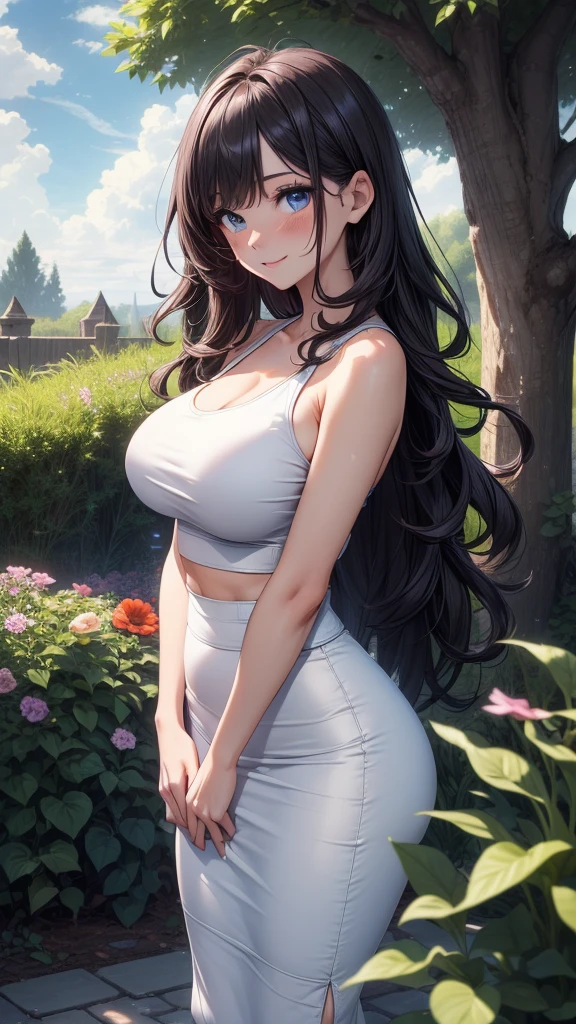 (((((masterpiece, best quality, high detail))))), beautiful woman, bright blue eyes, full-face blush, smile, solo focus, (large breasts), long ((wavy hair)), (dark purple hair), (white tank top crop top), (black) maxi pencil (((((skirt))))), (((long skirt))), (tight) clothes, (clothing folds, baggy clothes), slim body, midriff, navel, wide hips, lower body, good hands, garden, summer, ((cloudy sky)), tree, ((soft light)), ((atmospheric perspective)), 