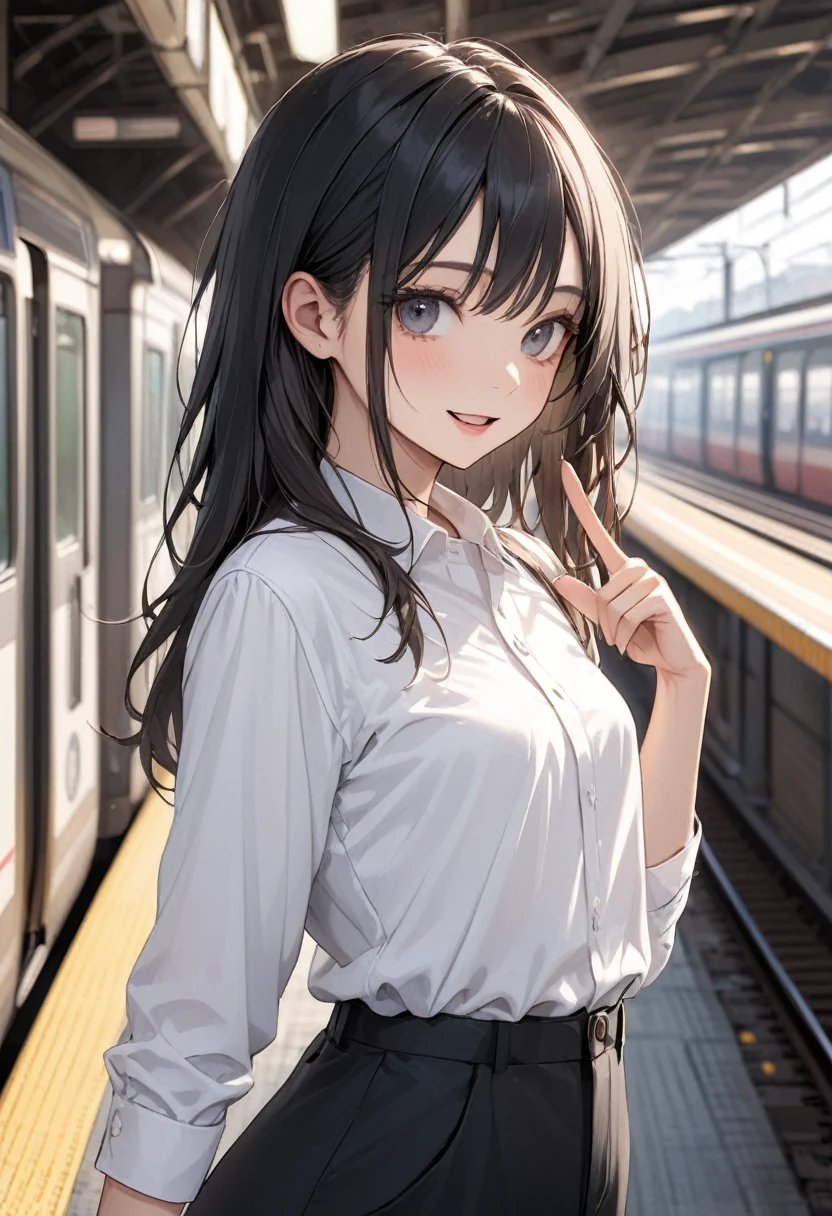 masterpiece, absurdres, best quality, extremely detailed eyes and face, natural skin texture, detailed skin, at the station, morning,  
BREAK
beautiful woman, 30-year-old, black eyes, (black long hair), smile, open mouth, (small breasts:1.2), (flat chest:1.2), (wide hip:1.3), (white collared shirt, long sleeves, black skinny slacks), peace sign, 
BREAK
(perfect fingers, perfect hands)