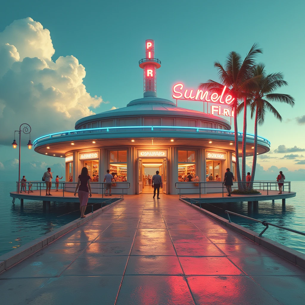 (Summer Pier), A joyful pier with unique features, Vaporwave Aesthetic, Glitch Art, Fault art. Beautiful cinematic lighting, surreal, color graded, dynamic movement, captivating chiaroscuro, full body, award-winning, cinematic still, emotional, vignette, dynamic, vivid, (masterpiece, best quality, photorealistic, Professional, perfect composition, very aesthetic, absurdres, ultra-detailed, intricate details:1.3)