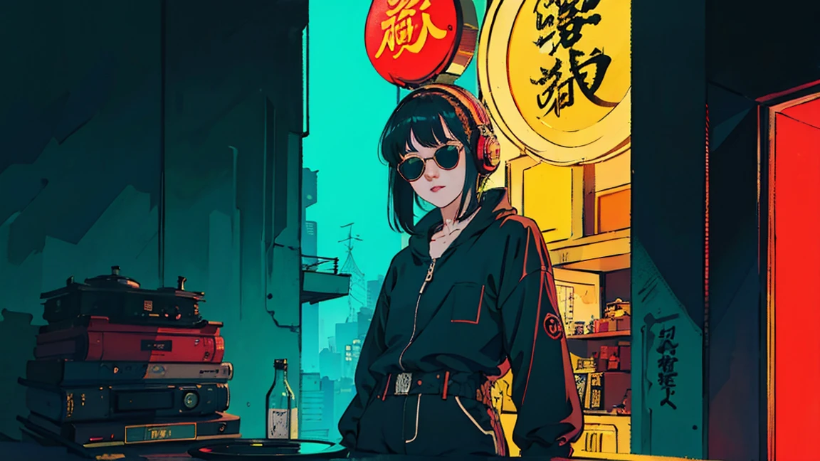beautiful Asian girl with red hair sitting in her room at night,Looking at a window, face perfect, oculos de sol, smoking a custom-made white cigarette, NeonBlack, (back-illuminated: 1.1), hard shadow, work of art, best qualityer, intricate, model shoot style, vintage, Film grain, Incomplete unit details,citypop,cassettetape,register