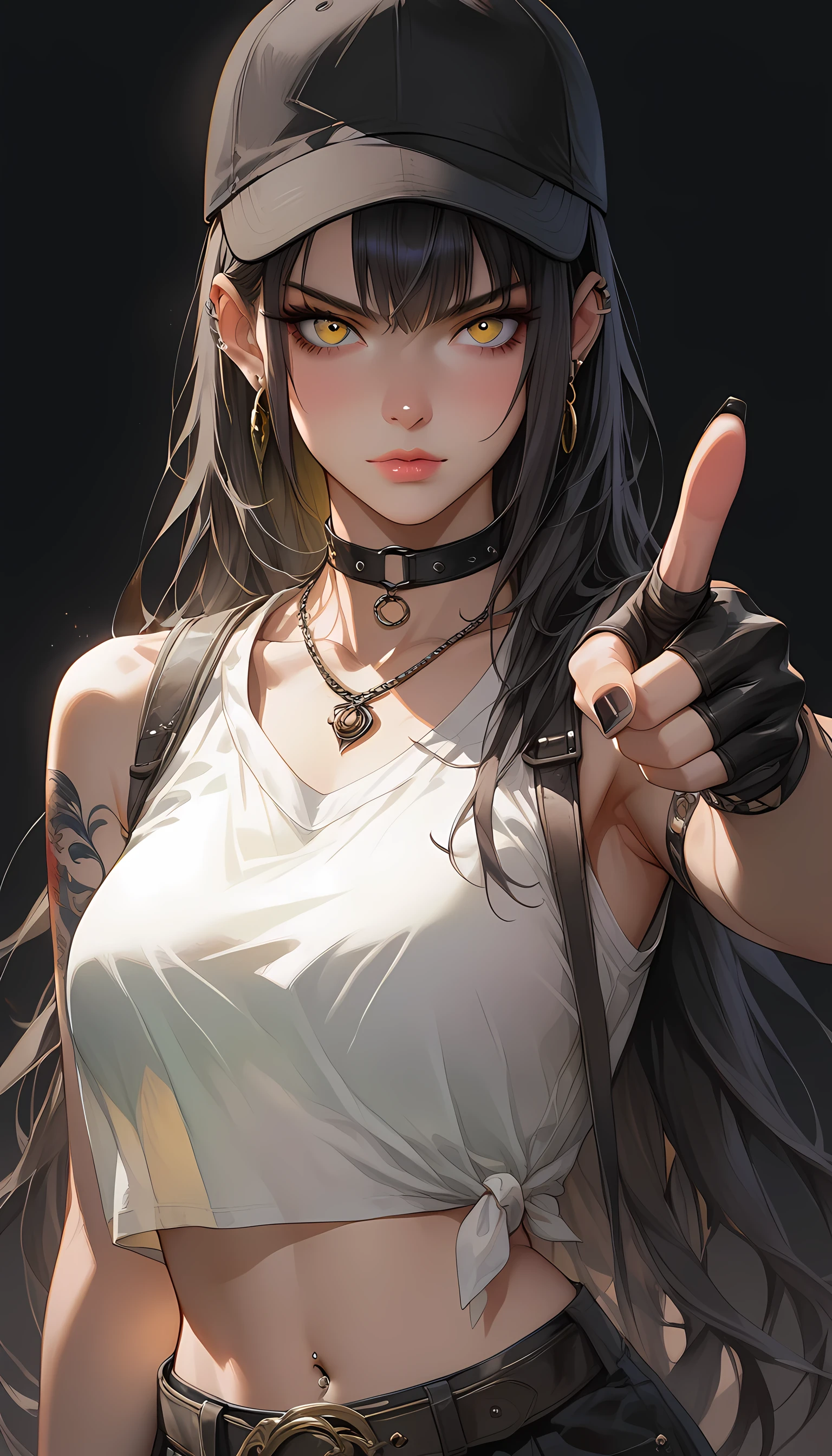 score_9, score_8_up, score_7_up, score_6_up, dark theme，sinozick style，traditional media
1girl,solo,long hair,black nails,hat,fingerless gloves,piercing,gloves,tattoo,crop top,yellow eyes,black hair,navel,belt,jewelry,hair between eyes,midriff,black gloves,shirt,ear piercing,baseball cap,looking at viewer,black headwear,nail polish,bangs,black background,arm tattoo,earrings,necklace,mole,choker,navel piercing,white shirt,breasts,very long hair,pointing,upper body,sleeveless,closed mouth,black belt,gradient,gradient background,sleeveless shirt,(pointing at viewer:1.5)