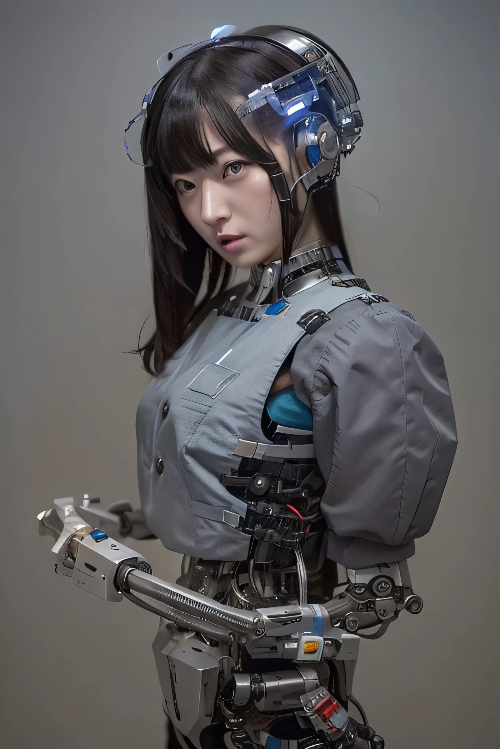 masterpiece, best quality, extremely detailed, Japaese android girl,Plump , control panels,android,Droid,Mechanical Hand, Robot arms and legs, Black hair,Blunt bangs,perfect robot girl,long tube,thick cable connected her neck,android,robot,humanoid,cyborg,japanese cyborg girl ,robot-assembly plant,She is assembling now,assembly scene,blue eyes,office-lady