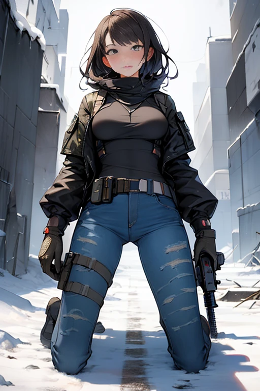 realisitic, full body shot shot, fot, Tom Clancy's The Division, military woman, short dark brown hair, military mercenary outfit in urban camouflage colors consisting of black denim combat pants and t-shirt and camouflage winter jacket and an arafat around the neck and head and military gloves, armed, gun on waist, huge automatic rifle in hand, military backpack on the back with found items,  Bigger bust, Athletic, grimy, sweaty hair, no-makeup, perfect body proportions, beautiful and dangerous, appealing, kneeling and hiding behind a wrecked car, aiming with a rifle at the enemy,  A closed and contaminated winter in New York, deserted and snowy streets, icy, an apocalyptic vision of a snowy world dominated by a virus, 8k, ultradetailed, hiper-realisitic, shallow depth of view, woman focus, Snowy scenery