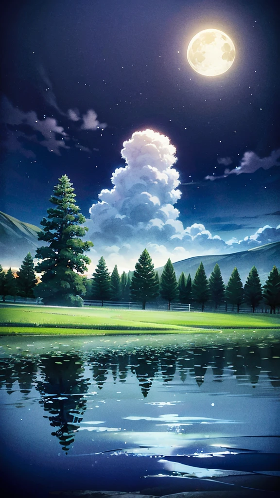 There is a bench and a giant tree on the grass beside the lake, Cows grazing near trees, The moon reflected in the water, full The moon in the background, full The moon in the background, big The moon in the background, big The moon in the background!, (The moon in the background), The moon reflected in the water, The moon in the background, perfect and sharp moon,  The moon in the background  