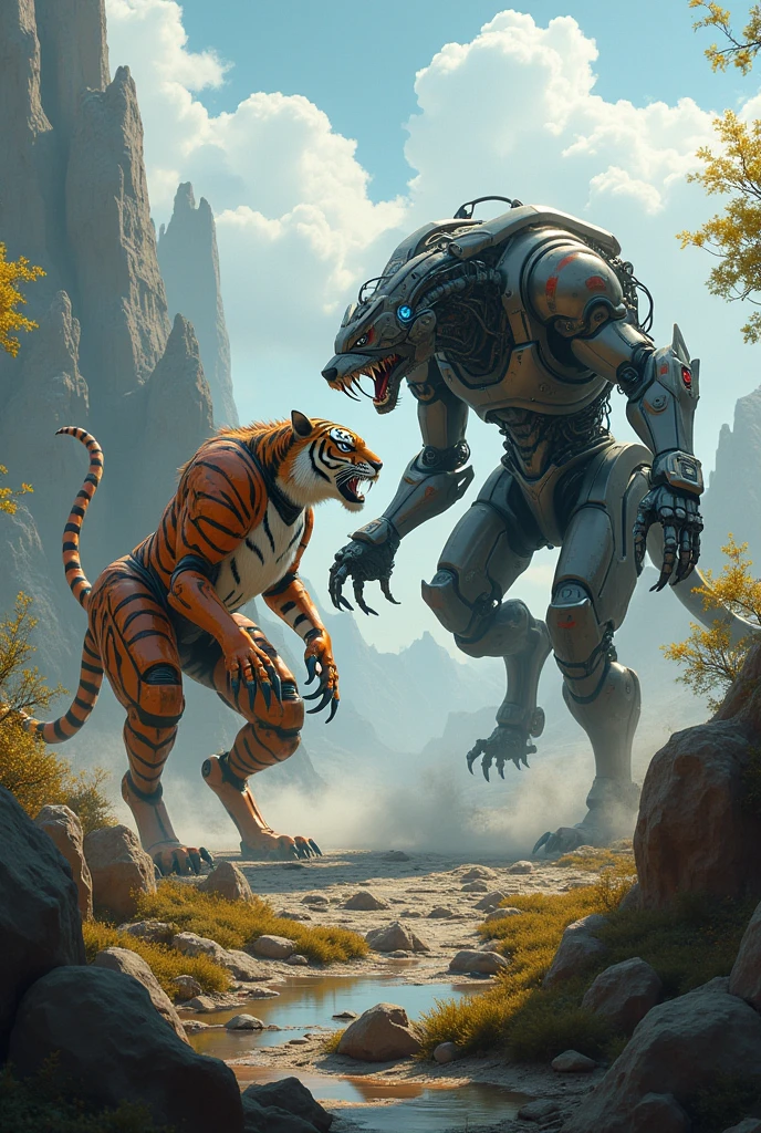 Rhinoceros mantis hybrid in robotic suit fight with tiger elephant hybrid wear robotic suit on plain grassy land