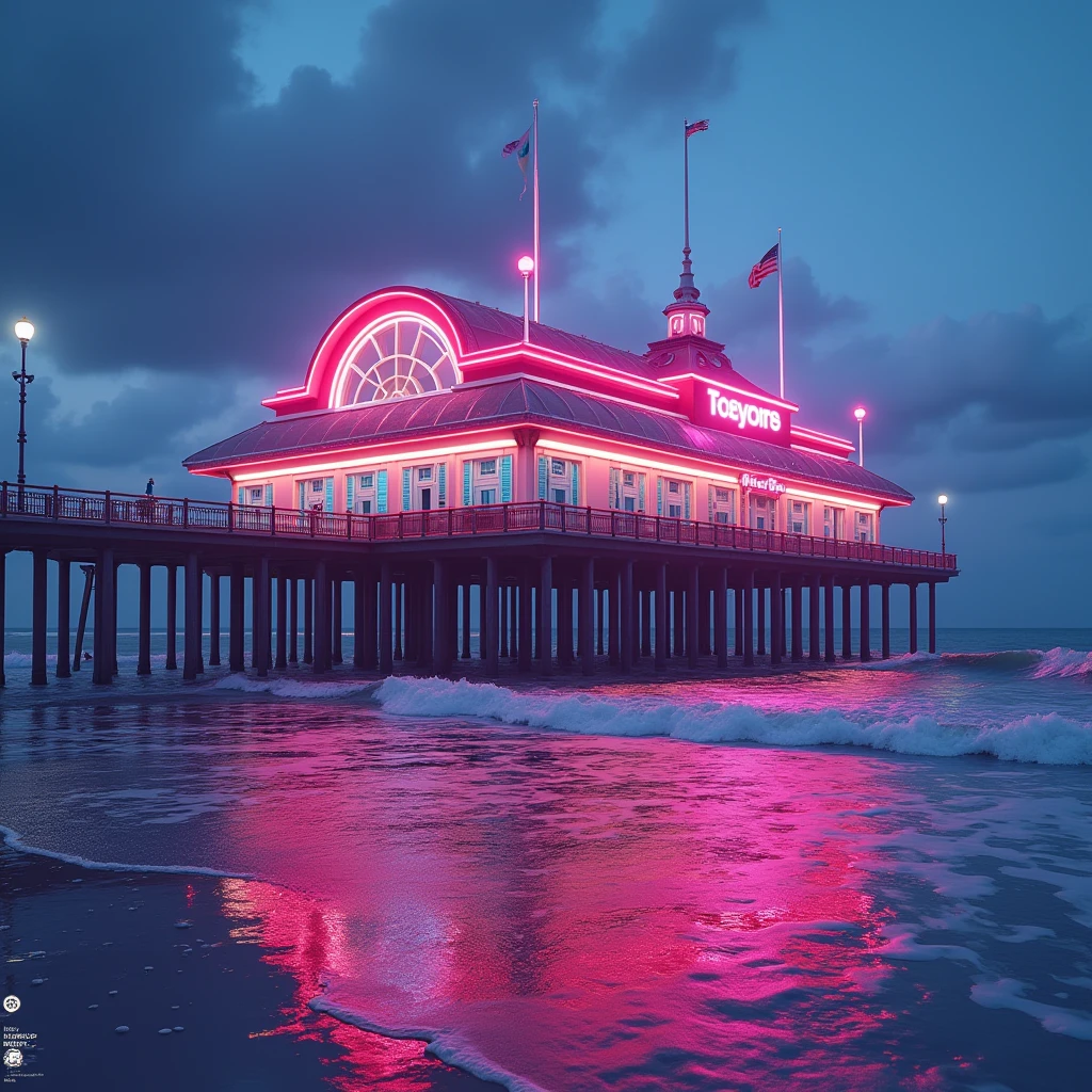 (Summer Pier), A joyful pier with unique features, Vaporwave Aesthetic, Glitch Art, Fault art. Beautiful cinematic lighting, surreal, color graded, dynamic movement, captivating chiaroscuro, full body, award-winning, cinematic still, emotional, vignette, dynamic, vivid, (masterpiece, best quality, photorealistic, Professional, perfect composition, very aesthetic, absurdres, ultra-detailed, intricate details:1.3)