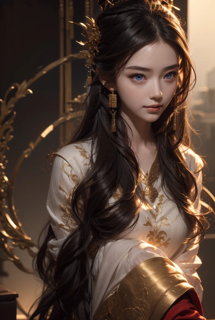 1girl, High Resolution, Smile, Long Hair, Blue eyes, Simple background, Hair Ornament, Red Eyes, Jewelry, Work, Best Quality, Detail, Broken, HD, High Quality, Multiple Views, Close-Up, Hair Ornament, Ornament Heads, Backlight, Cinematic Lighting, masterpiece, very realistic.super graphics.very masterpiece, very realistic.super graphics.very detailed. super beautiful girl, cute, ideal body, sexy, black hair..long hairstyle.beautiful shining eyes,wearing chinese donhuang style dress.wallpaper hd.3d