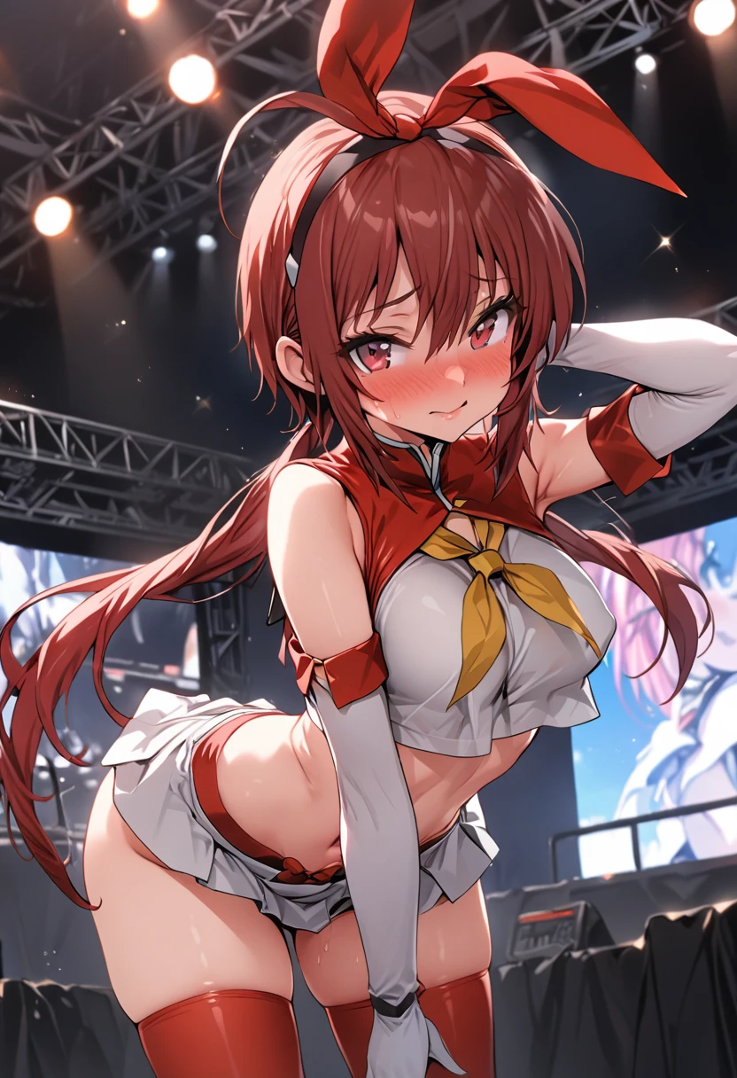 masterpiece,Highest quality,High resolution,Super detailed, solo, 1girl, live stage, ((cute)), (erotic) Lunamaria Hawke, Gundam SEED Destiny, kantai collection, shimakaze costume outfit, (crop top, microskirt, thighhighs,elbow glovestongue, g-string), Gal, shiny skin, Embarrassed, seductive model posing, perfect anatomy, noise removal