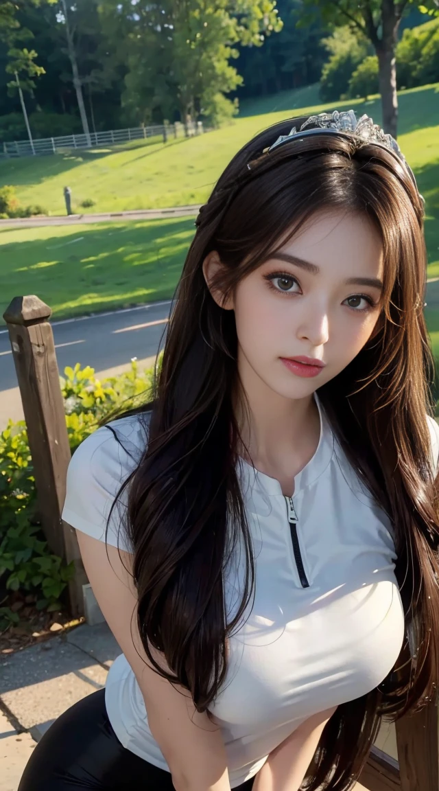 ((Full Body Angle))、((highest quality, 8K, masterpiece: 1.3)), concentrated: 1.2, Cute girl 1,Nipples erect、 Perfect beauty: 1.4,Cut and sewn T-shirt Raglan sleeve summer short sleeve T-shirt.Shorts: 1.2,Long sleeve、Randall Color、comics＆Text Graphics、Black ruffle-trimmed drawstring zip blouse,1.1, Highly detailed face and skin textures, Fine grain, double eyelid, whitening skin, ,highest quality,Ultra-high resolution,you,1 girl,alone,_Shiny_skin,Iris,necklace,((Brown_length_Wavy_hair)),(lips)),eyelash,Front hair,deal with,compensate,Shiny,pore,skin texture,Large Breasts、smiling face、((Front hair:1.2))、stroll、garden、