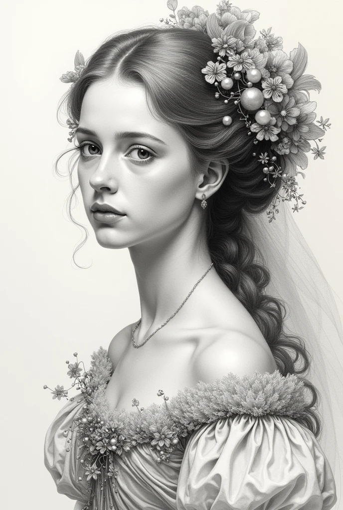 Hand drawn portrait of a young naked woman "rebecca"  one rose petal on the nipples, Victorian era., post-impressionist style, minimalist brushwork, prosaic style, beautifully shaded, black ink on Manila paper,