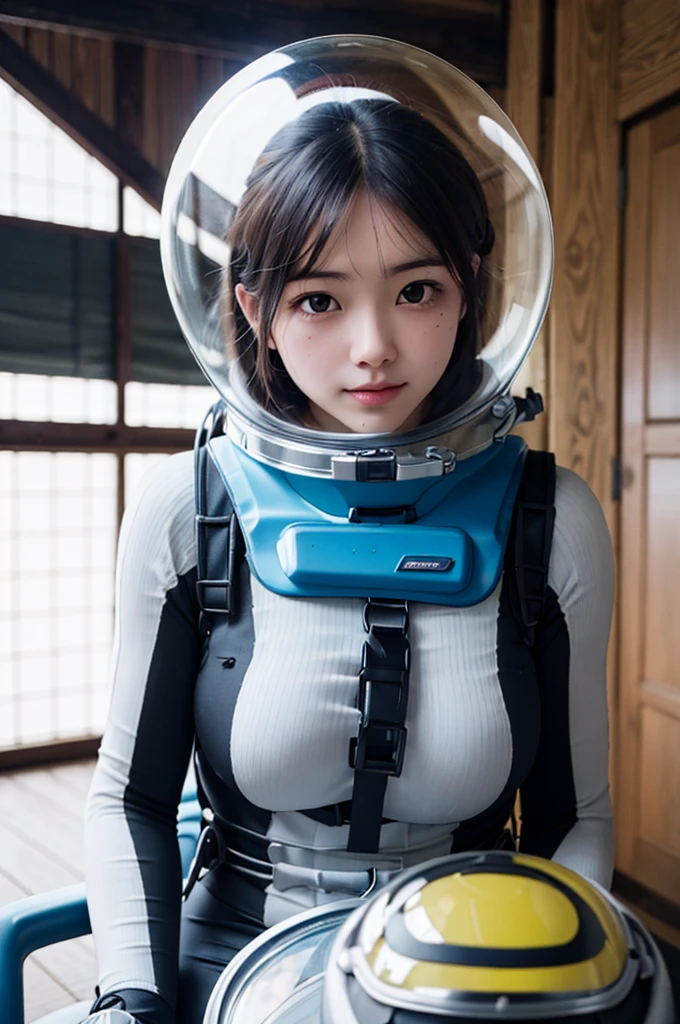 (8k, RAW photo, best quality, masterpiece), (photorealistic), outstanding details, ultra-high resolution, anatomically correct, textured skin, space helmet, helmet, bodysuit, diving lama
room, upper body
(Cute Japanese girl , 20-year-old),   sitting