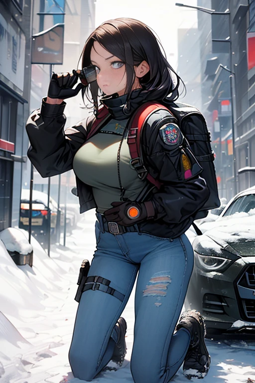 realisitic, full body shot shot, fot, Tom Clancy's The Division, military woman, short dark brown hair, military mercenary outfit in urban camouflage colors consisting of black denim combat pants and t-shirt and camouflage winter jacket and an arafat around the neck and head and military gloves, armed, gun on waist, huge automatic rifle in hand, military backpack on the back with found items,  Bigger bust, Athletic, grimy, sweaty hair, no-makeup, perfect body proportions, beautiful and dangerous, appealing, kneeling and hiding behind a wrecked car, aiming with a rifle at the enemy,  A closed and contaminated winter in New York, deserted and snowy streets, icy, an apocalyptic vision of a snowy world dominated by a virus, 8k, ultradetailed, hiper-realisitic, shallow depth of view, woman focus, Snowy scenery