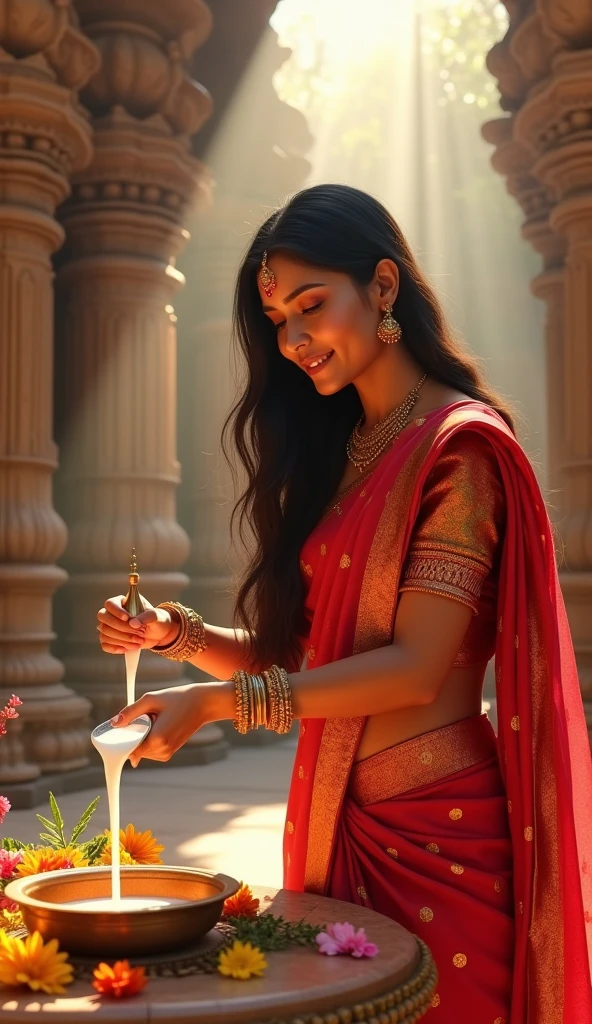 Kerala girl standing wearing  white traditional saree and having a white garlet on her head with white small flowers and holding a small hanging basket made with gold filled with red flowers of visiting to kerala temple 