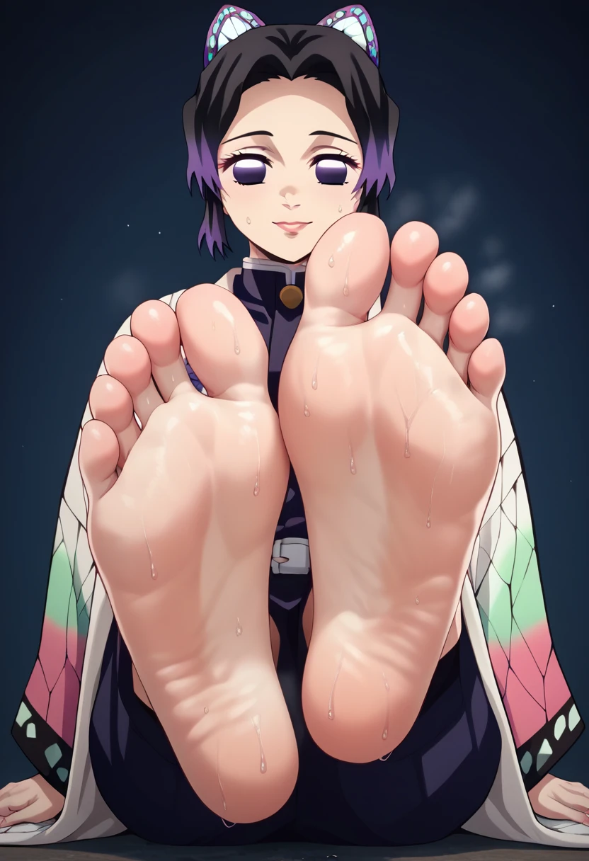 K Shinobu XLV4, score_7_superior, Break Source_anime, One girl, alone, View your viewers, Demon Slayer uniform, kimono, Haori,  feet, feet focus, butterflyPose, masterpiece, sweaty feet,