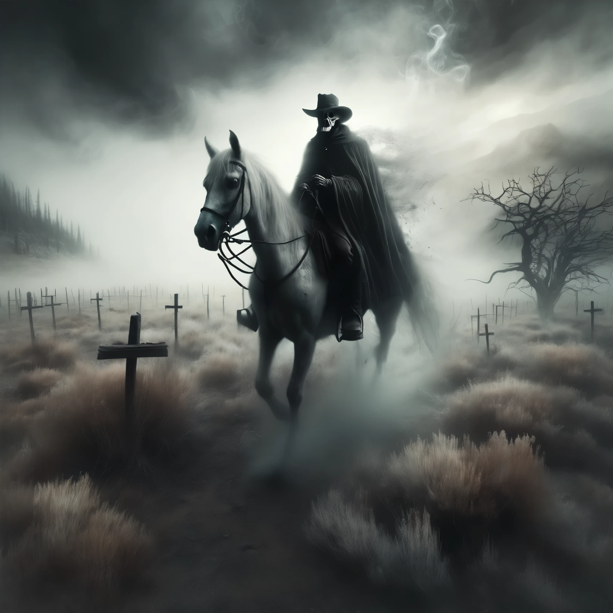 A ghostly gunslinger patrolling a haunted place, abandoned old west town, Inspired by the atmospheric works of Gustave Doré and Albert Bierstadt.