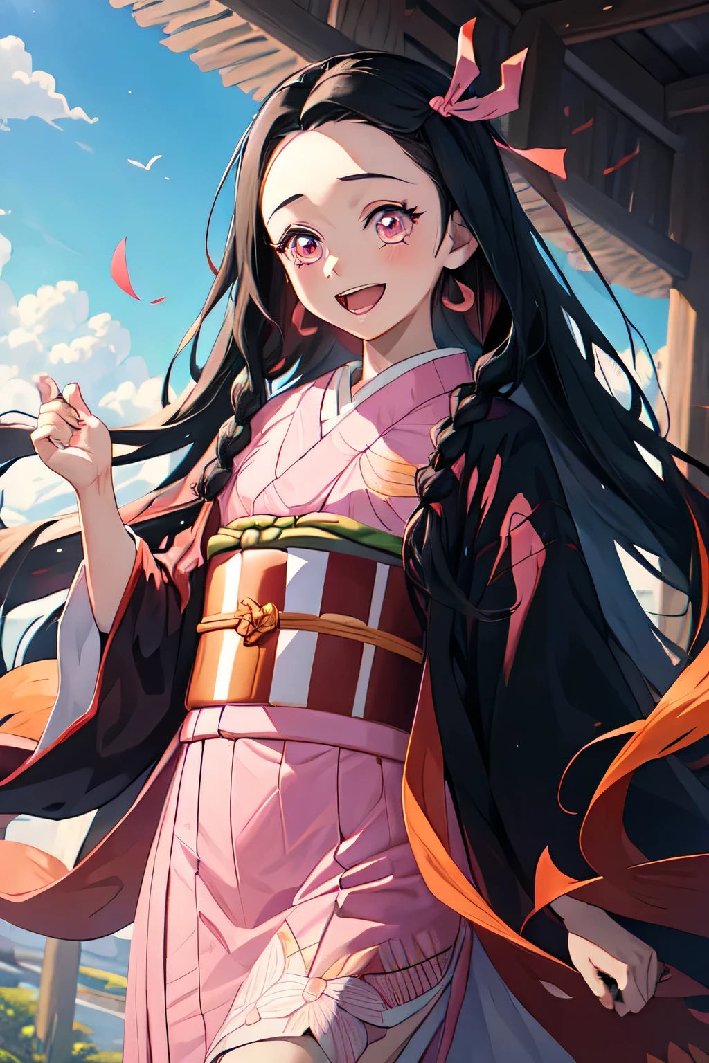 (((masterpiece))), nezuko, 1girl, black hair, forehead, hair ribbon, japanese clothes, kimono, long hair, multicolored hair, open mouth, pink eyes, pink kimono, pink ribbon, ribbon, smile, very long hair, sky,  