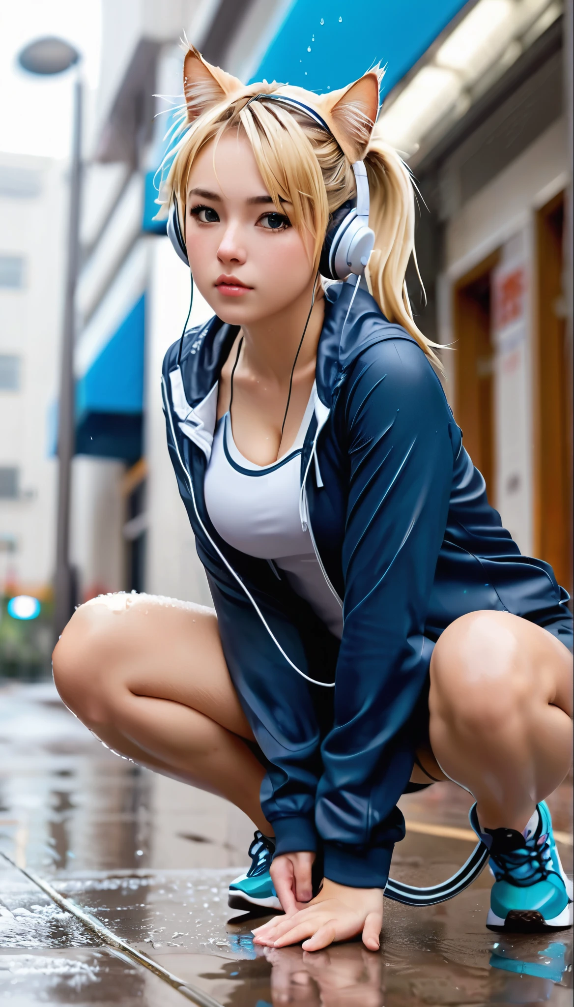 Beautiful girl Squatting in street, High resolution, Ponytail, chest, Blushing, Blonde, Cat ear, Blurred, earphone, Wet Gym uniform, (full body shot:1.2), (From below:1.3), rainy day,