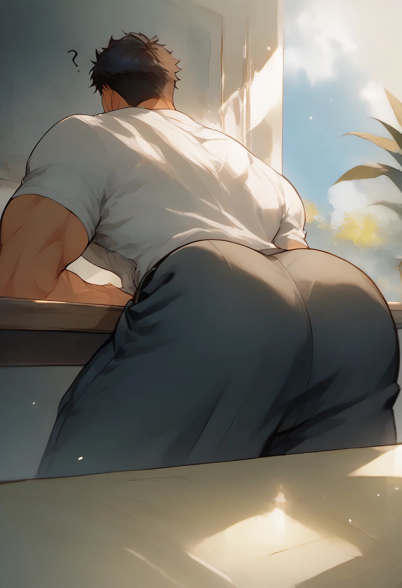 bara, male focus, muscular male, confused expression, tanned, huge ass, bending down, bending under desk,Thongs， sunlight, pouting BREAK ，score_9, score_8_up, score_7_up, score_6_up, score_5_up, score_4_up
