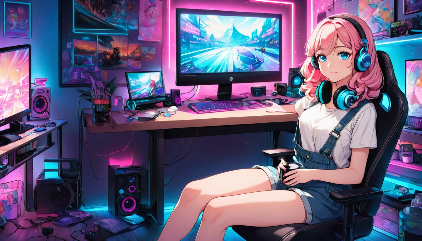 A vibrant, cozy lofi scene featuring a young girl with long, wavy pink hair, sitting in a stylish gamer chair. Her striking blue eyes glow with focus as she plays a video game on her sleek computer setup. The room is softly lit with neon lights and LED strips, adding a calm ambiance. Posters and gaming accessories decorate the background, while soft music notes drift around, giving a relaxed vibe. Her headphones rest comfortably around her neck, and a warm drink sits on the desk beside her. The overall mood is peaceful yet dynamic, perfect for a lofi atmosphere