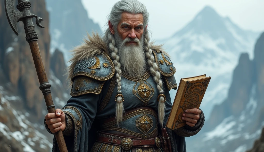 Fantasy and adventure. Real frontal image of a veteran male elf explorer. Blonde hair tied up in a high ponytail. Melancholic gesture, tired and bored. He wears a richly crafted chainmail coat decorated with plant motifs., that emits greenish flashes, although all this is obscured by the passage of time. A dark green cape over the back. A large golden elven bow and a quiver with twenty arrows protrude from his back.. A beautiful elven short sword and a matching dagger peek out from his belt.. She wears a medallion with a bright red ruby..