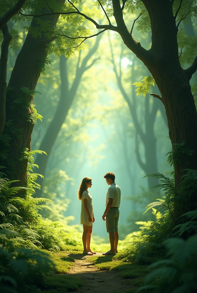 Man and woman talking in forest