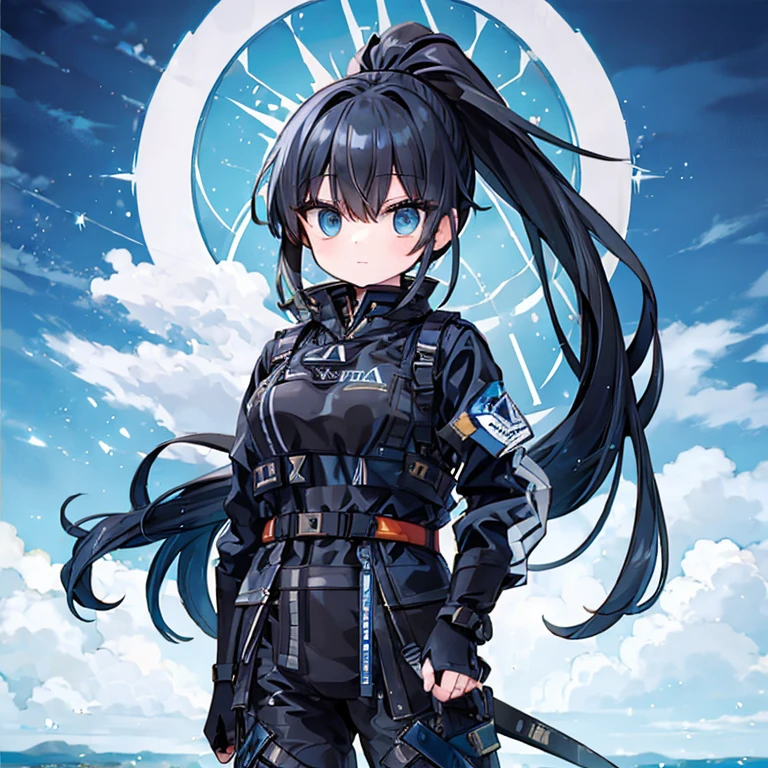 ((Highest quality)), ((masterpiece)), (detailed), One girl, blue sky,(Fighter,F-22),ponytail,Black Hair,Fighterの傍に立つ女の子,Airfield,Pilot Suit