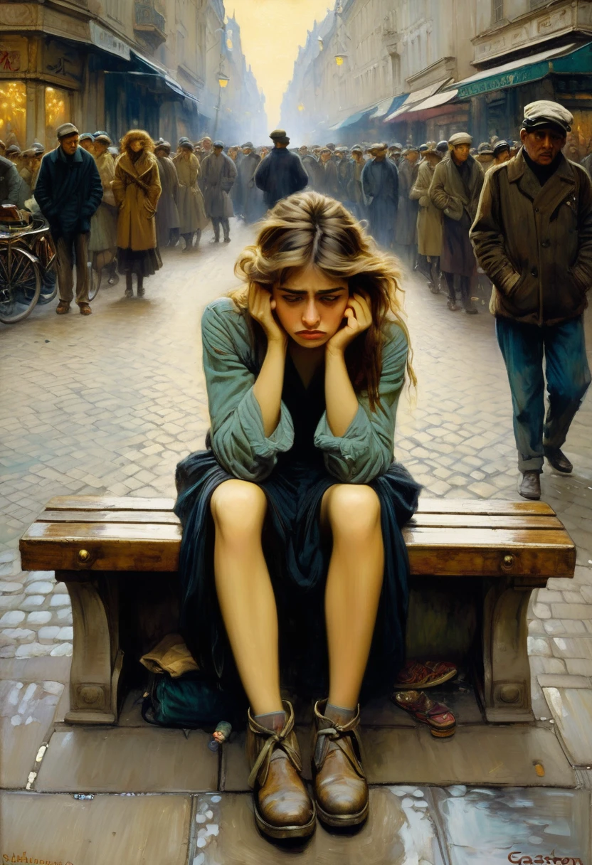 rait painting of an extremely depressed young woman sitting on a bench in the middle of a busy street, she is worried by the camera, detailed art by gaston bussiere