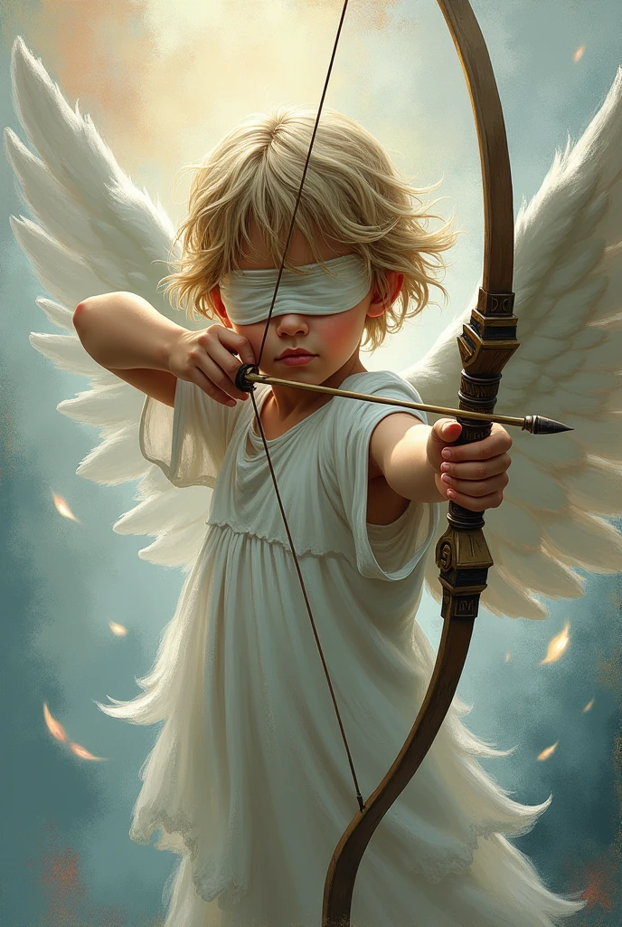 Angel boy with a bow pointing forward and blindfolded