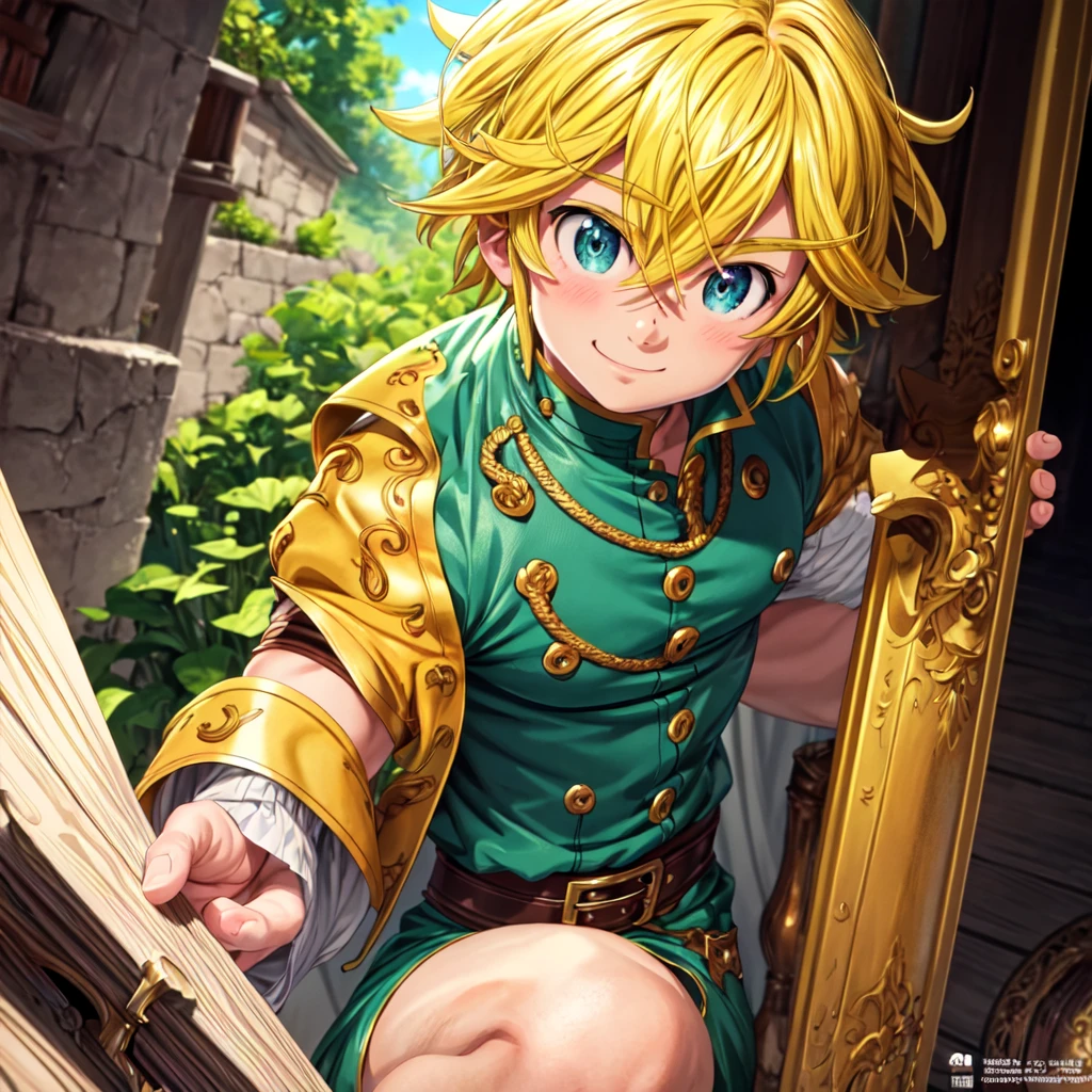 masterpiece, best quality, ultra-detailed, illustration, 1boy, solo, male focus, looking at viewer, upper body, , meliodas_nanatsu_no_taizai, blonde hair, blu eyes, jacketBlue eyes, Blonde Hair, without a shirtBlush, Smile, 