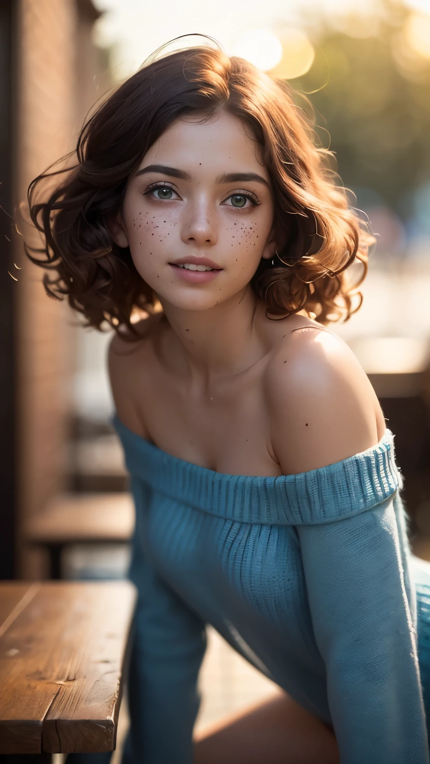 White 15 years old beautiful girl, short orange hair, ((highly detailed eyes)) brown eyes,((red crop top)), ((blue jeans)), detailed eyes, masterpiece, greek clothes,peplos,((Bare shoulders)), Charming model, (Delicateeyes, Delicate lips), Show a bright smile, Create stunning girl images, warm color, Very high color saturation, Unity 8K Wallpaper, (High Dynamic Range :1.4), (Movie atmosphere),(Soft colors), (Natural skin texture, ultra-Practical, Soft Light, sharp),(Very detailed), night, moonlight, ((skin body)), ((curly hair)), ((she is sitting on chair))